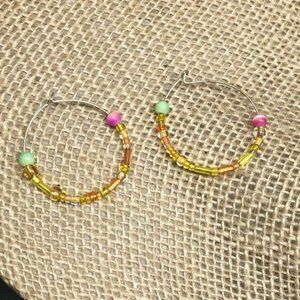 Beaded Hoop Pierced Earrings Pink Green Yellow Gold Silver Retro Boho